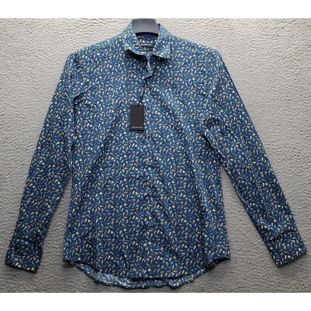 Bugatchi Shirt Mens S Multi Birds Print Shaped Fit Flip Cuffs Collared Button-Up